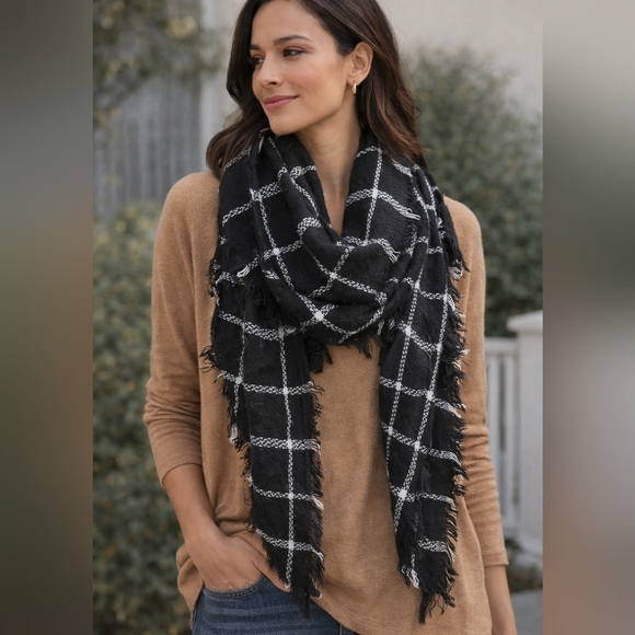 Accessories - Cozy Black Windowpane Plaid Fringe Scarf - Women's Accessory